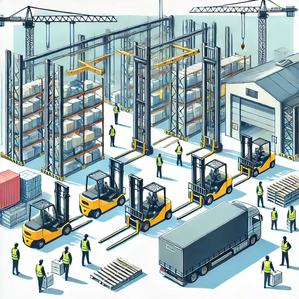 llustration de la location de matériel de manutention à Caen et Alençon avec chariots élévateurs, nacelles et transpalettes dans un entrepôt moderne. Ouvriers en gilets de sécurité et équipements logistiques en action.